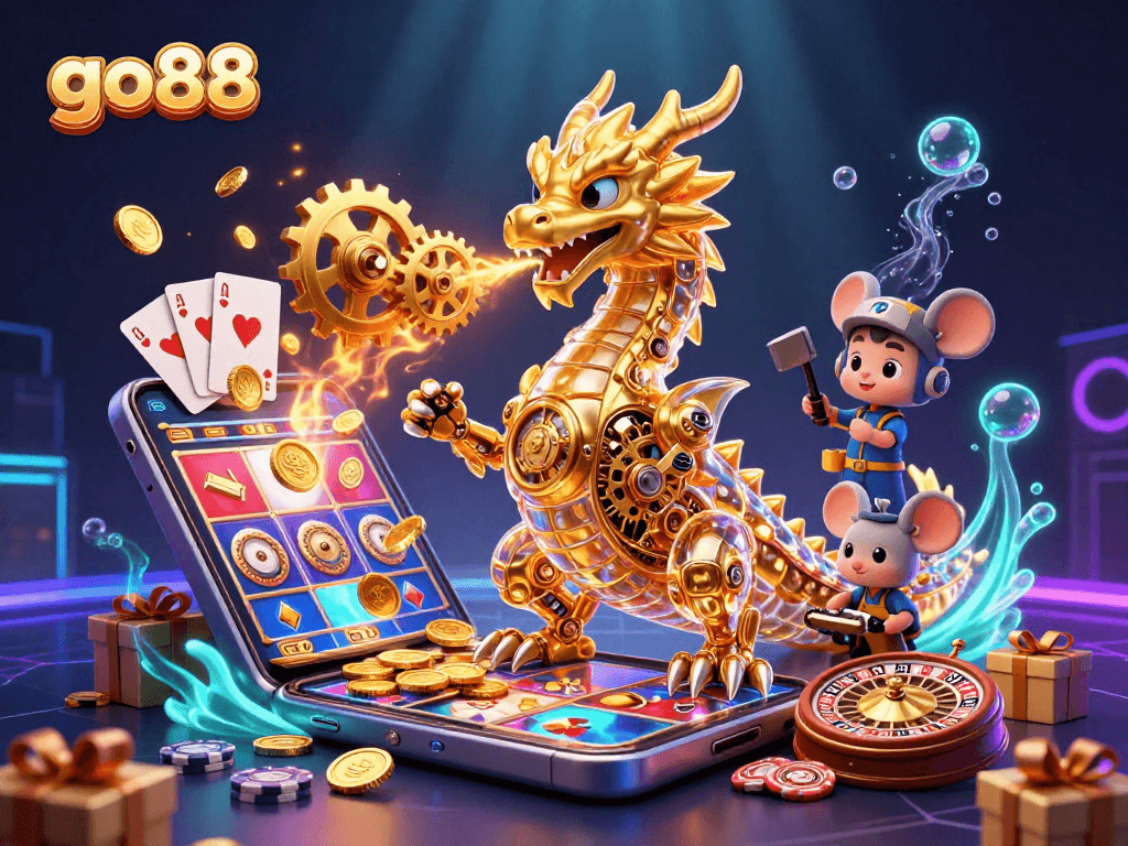 Experience the thrill of go88 with a vibrant scene featuring a golden dragon and dynamic casino elements.