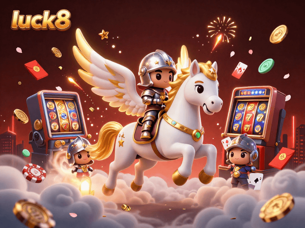 Experience luck8 with a whimsical horse and knight amidst a vibrant, action-filled casino scene.