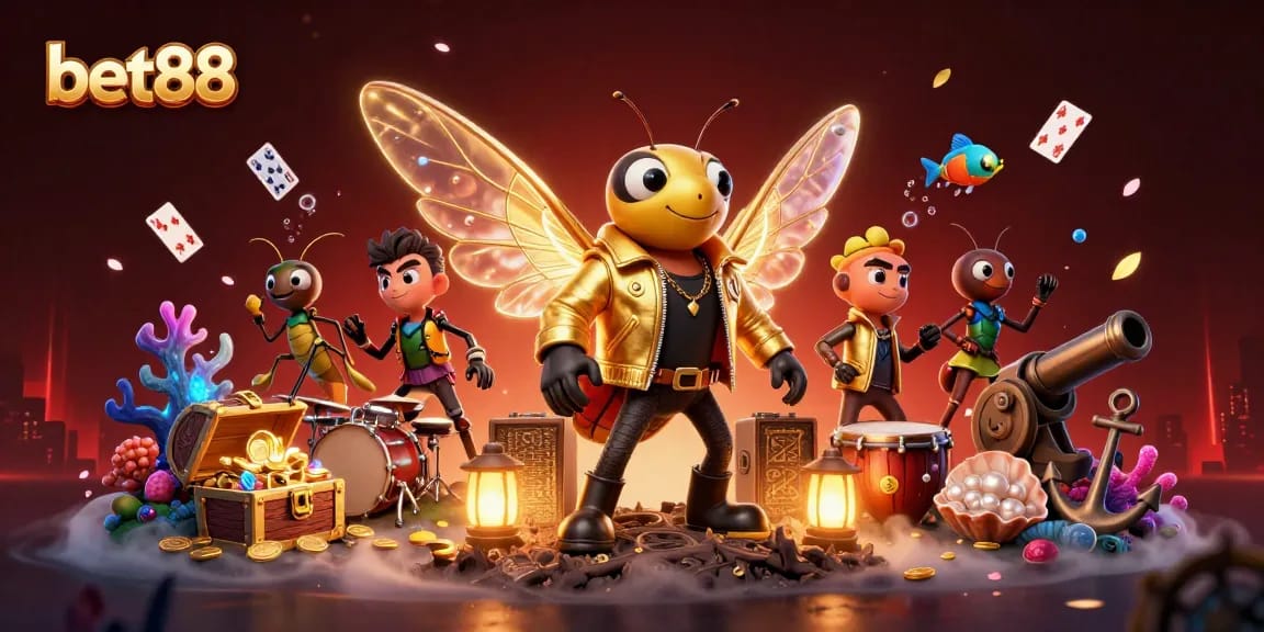 bet88 entertains players with a vibrant 3D casino scene featuring a rock star cicada and gem-filled treasures