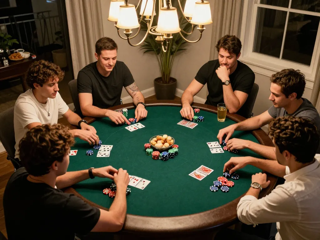 Friends engaged in a lively poker game at home, showcasing an exciting 88clb atmosphere of casual competition.
