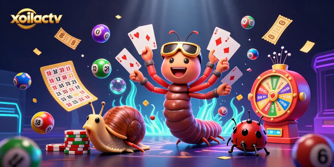 Engage with xoilactv in a vibrant casino scene featuring a lively millipede dealer and colorful game elements.