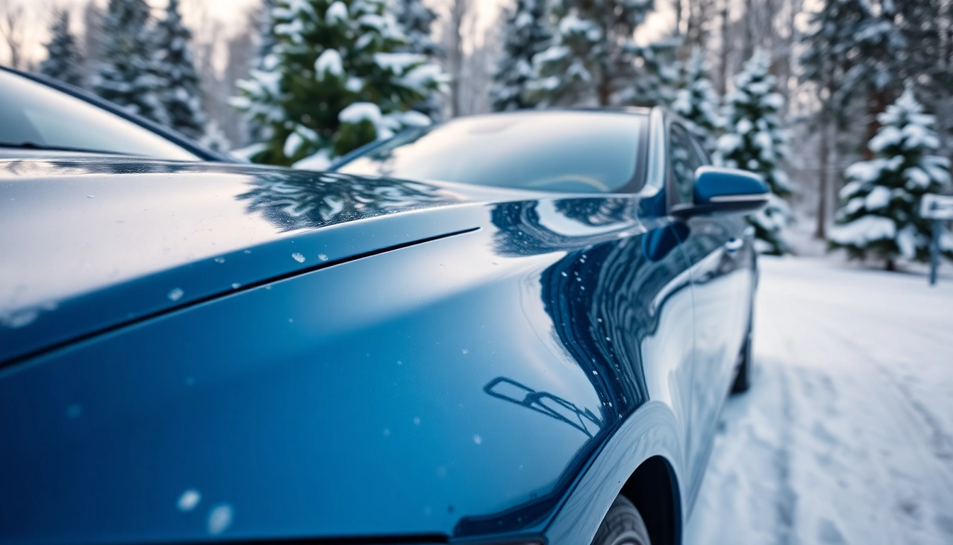 PPF winter road salt protection showcased on a pristine vehicle in a snowy landscape.