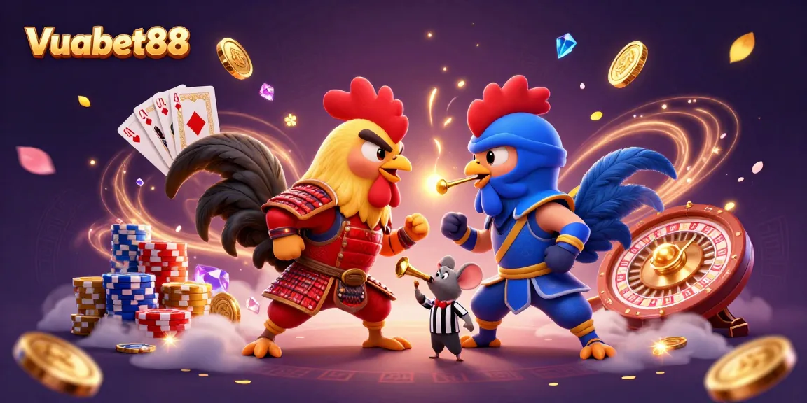 Engage with Vuabet88's vibrant fight scene featuring cartoon roosters amidst a whirlwind of casino elements.