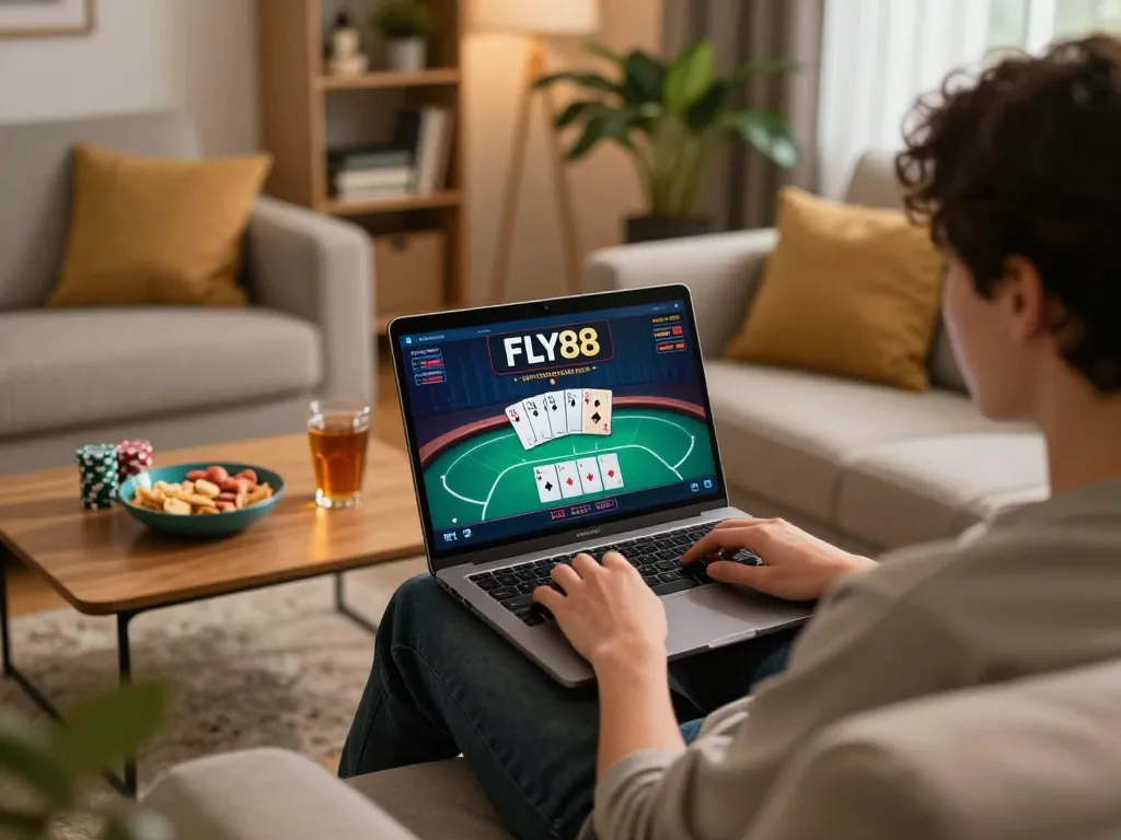 Fly88 online gaming session with player enjoying poker on a laptop at home.