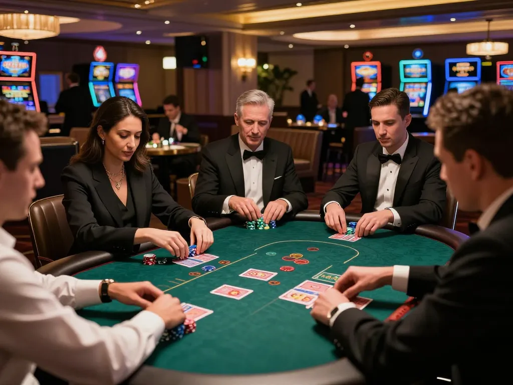 Players engaged at a high-stakes poker table, showcasing cm88sm com's exciting casino experience.