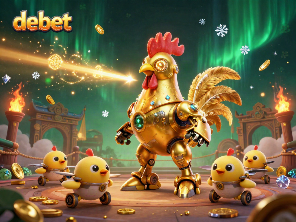 Experience the thrill of debet with a futuristic golden rooster robot and baby chick drones in a dynamic casino scene.