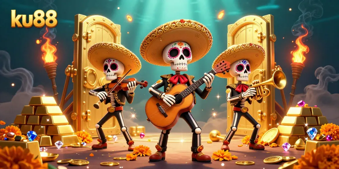 Join the festive fun at ku88 with a mariachi band celebrating casino wins amidst gold coins and treasures.
