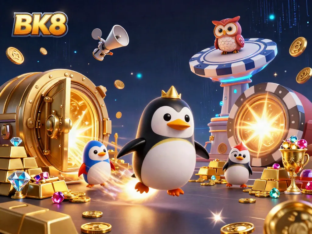 Experience the adventure with BK8 as a golden penguin rockets towards a casino station, surrounded by treasures.