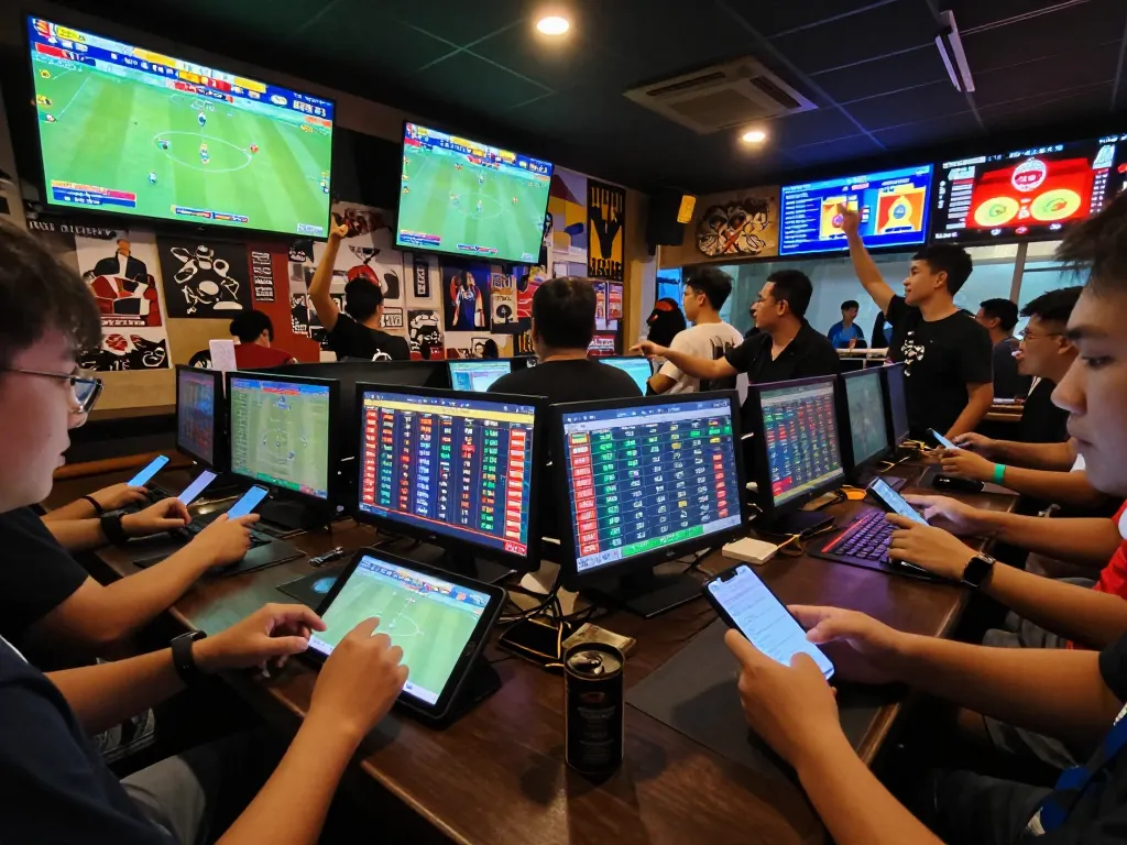 A bustling sports bar scene capturing the excitement of kèo nhà cái 88 betting with fans actively placing bets.