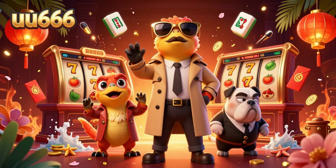 Experience thrilling gaming at uu666 with raptors in a trench coat entering a VIP lounge filled with energetic casino symbols.