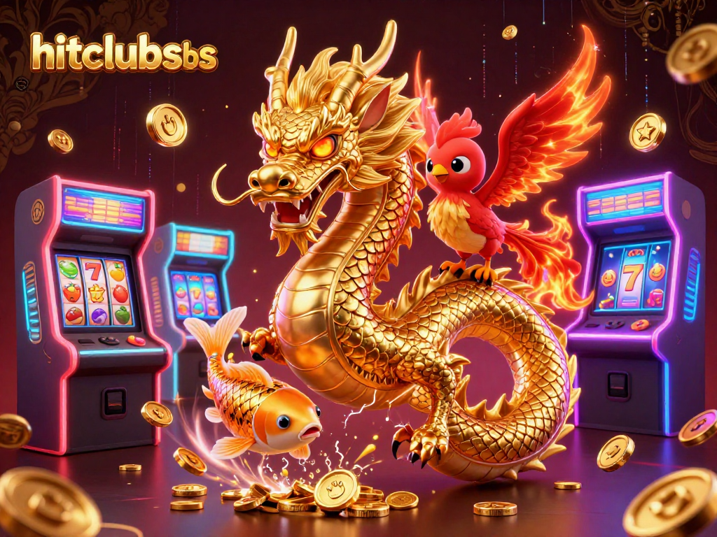 Hitclubsbs showcases a vibrant gaming scene featuring a dragon, phoenix, and koi fish amidst casino elements.