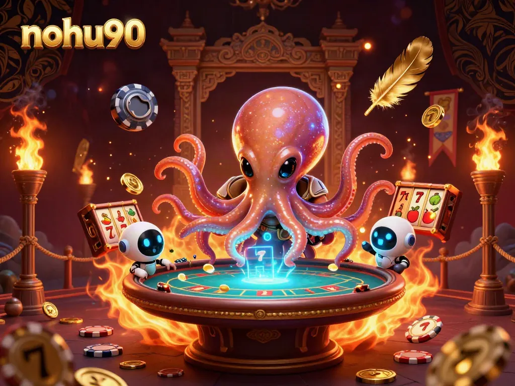 Engage in thrilling poker action with nohu90 featuring an alien octopus and a robot in a cosmic casino scene.