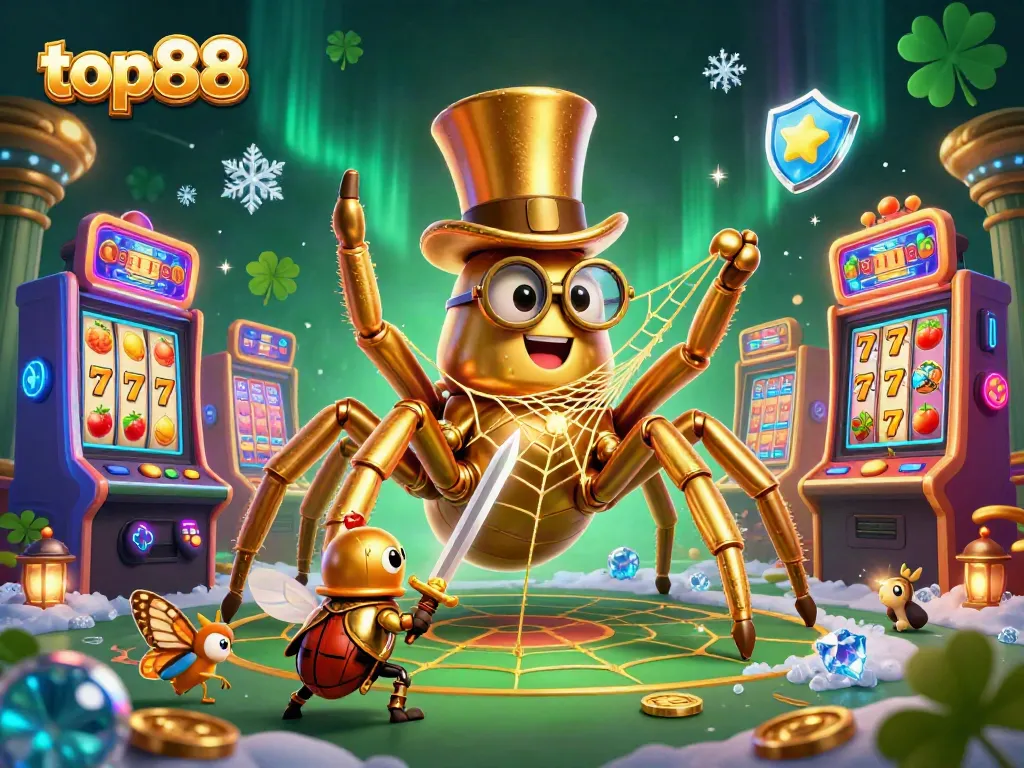Experience the excitement of top88 with a vibrant 3D casino scene featuring unique characters and slot machines.