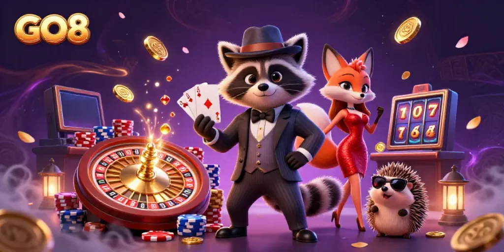 GO8 casino scene showcasing raccoon holding a royal flush, surrounded by chips and golden coins.
