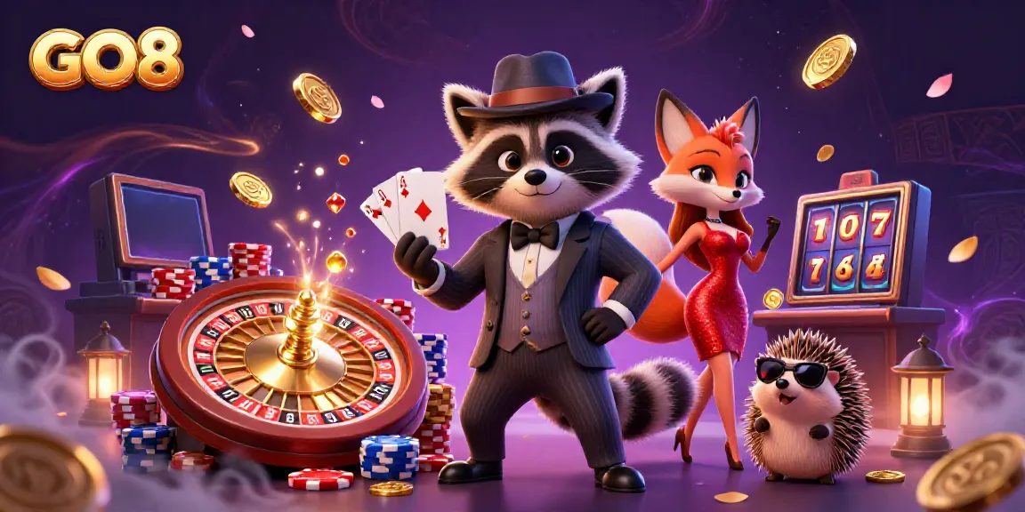 GO8 casino scene showcasing raccoon holding a royal flush, surrounded by chips and golden coins.