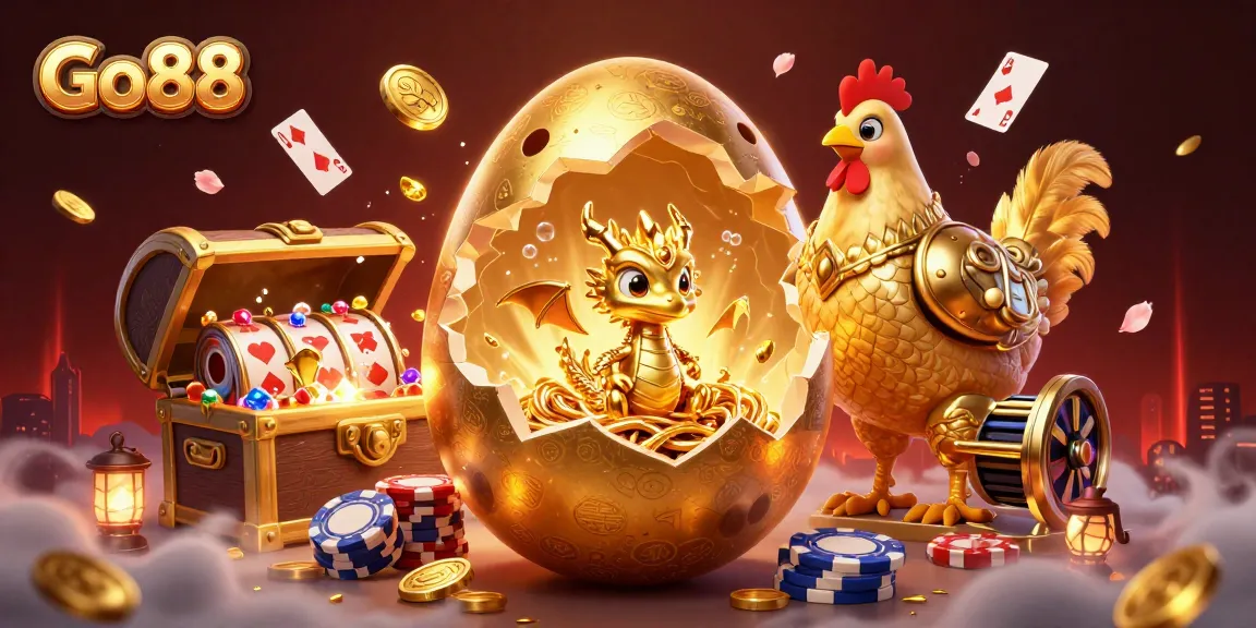 Engage in high-stakes gaming with Go88's golden dragon and poker chips amidst dynamic casino elements.