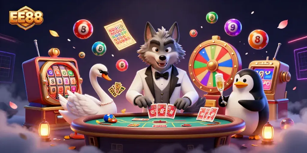Experience EE88's vibrant casino environment with a debonair wolf, elegant swan, and sophisticated penguin amidst thrilling game elements.