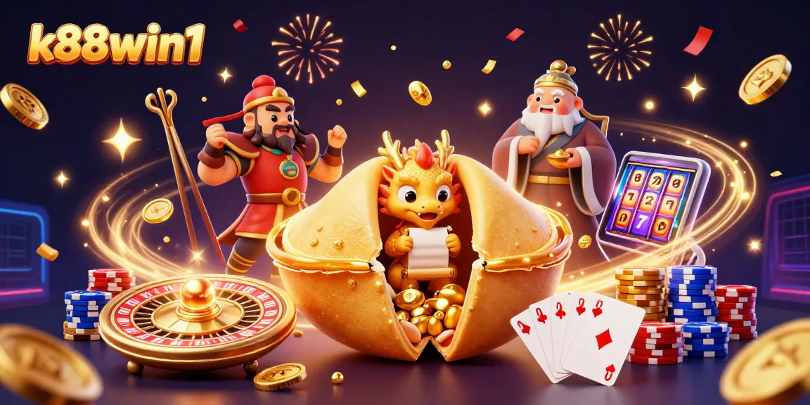Experience thrilling gameplay with k88win1 as golden treasures and 3D casino elements collide in a vibrant, fantastical scene.