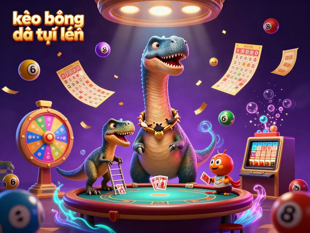 Engage in kèo bóng đá trực tuyến with a whimsical 3D scene showcasing vibrant lottery elements and cartoon characters.