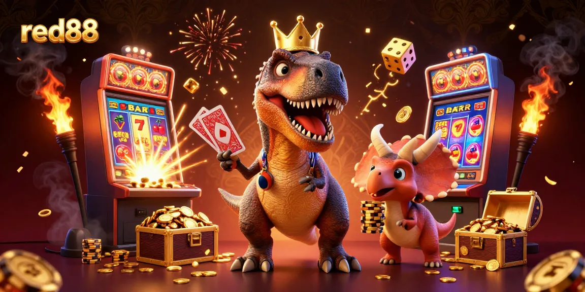 Experience the festive action at red88 casino with a playful T-Rex card shuffling and a treasure explosion!