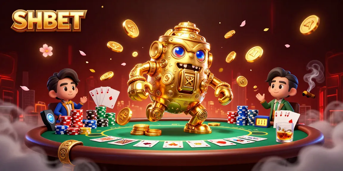 Experience the dynamic world of SHBET with colorful poker tables, golden golem, and vibrant casino elements.