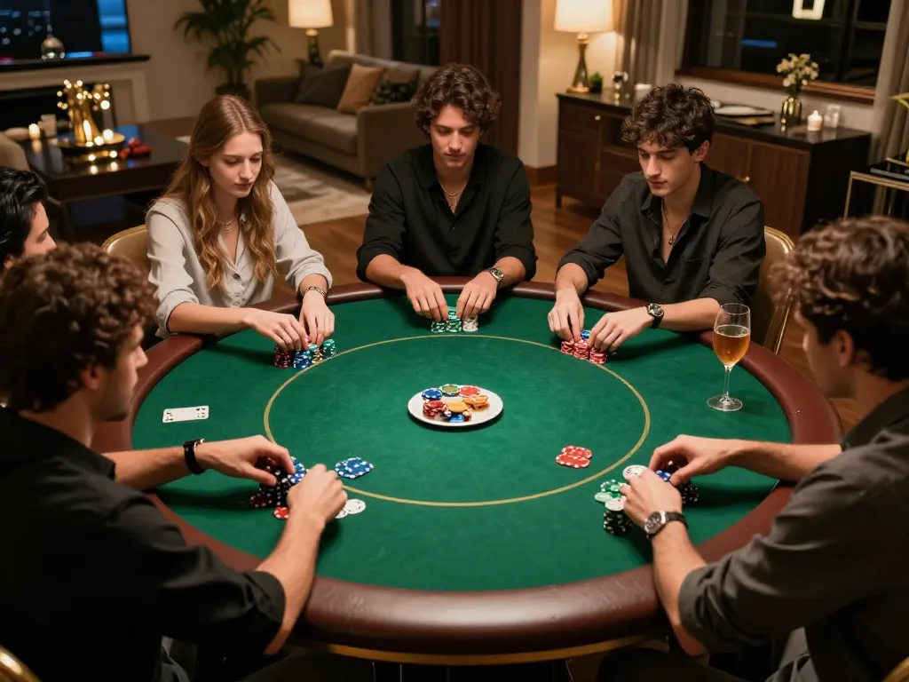 Players enjoying a strategic poker game at home with TG88, highlighting friendly competition and social engagement.