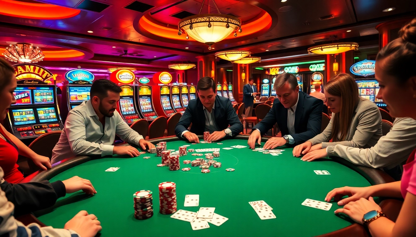 Players engaged at a poker table in 789f casino, highlighting excitement and luxury.