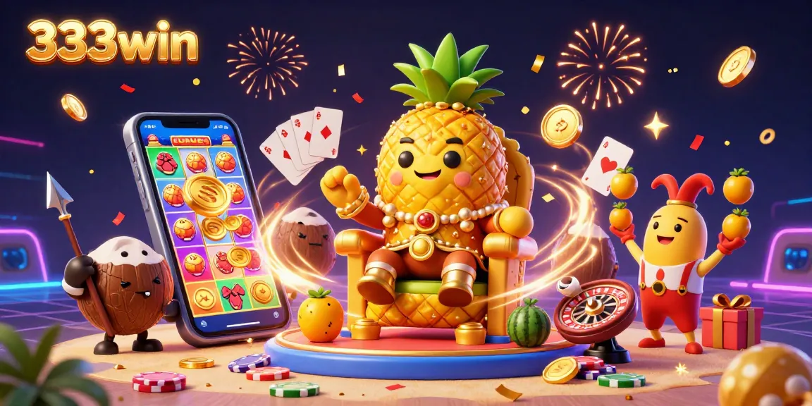 Engage with the vibrant 333win gaming experience showcasing a golden pineapple king, slot games, and dynamic casino elements.