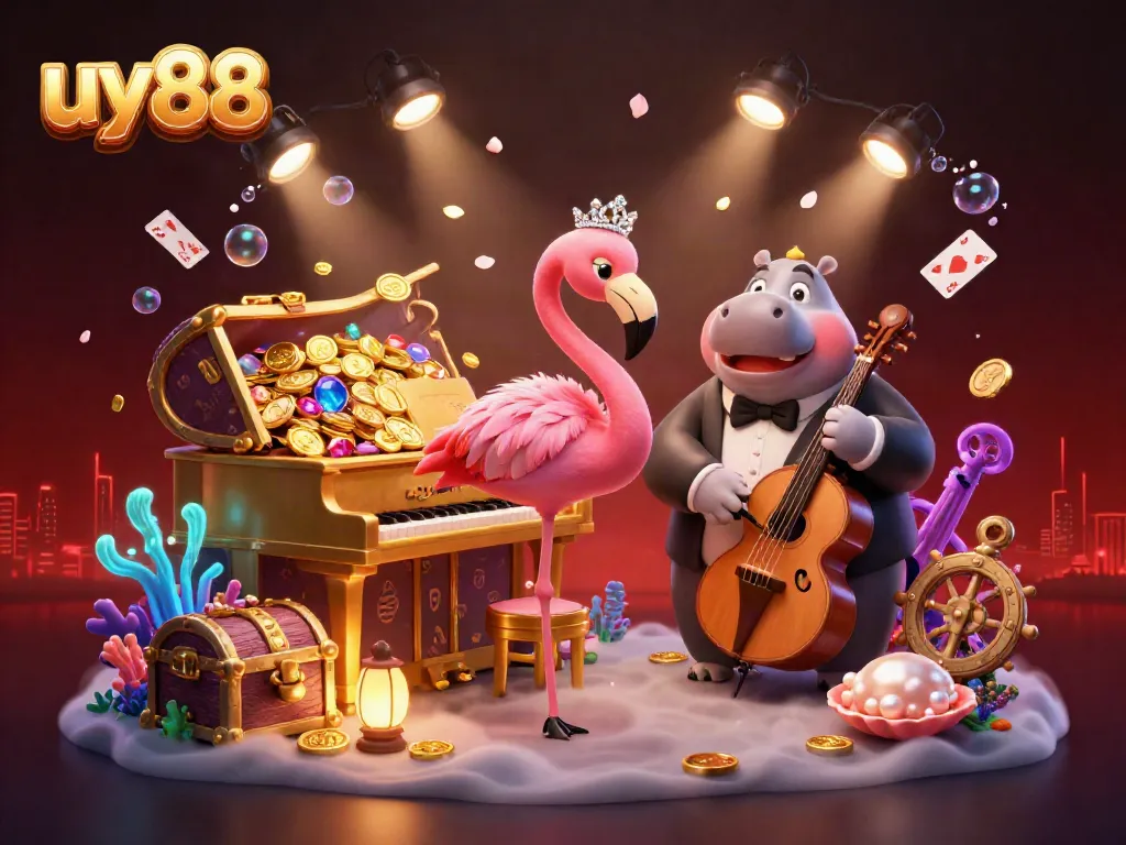 Experience the vibrant world of uy88 with a lively flamingo singer and hippo bassist in a captivating casino setting.