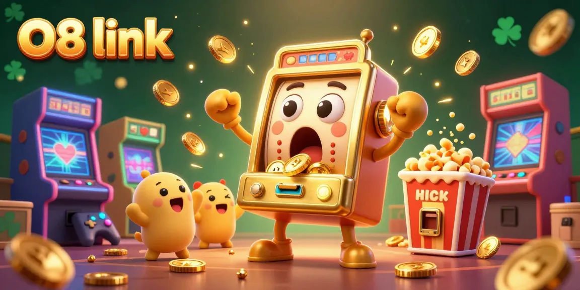 Experience the excitement of jackpots with O8 link's dynamic casino scene filled with playful slot machines and colorful game elements.