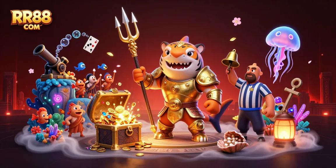 Experience RR88 COM with an exciting underwater casino scene featuring a tiger shark and vibrant game elements.