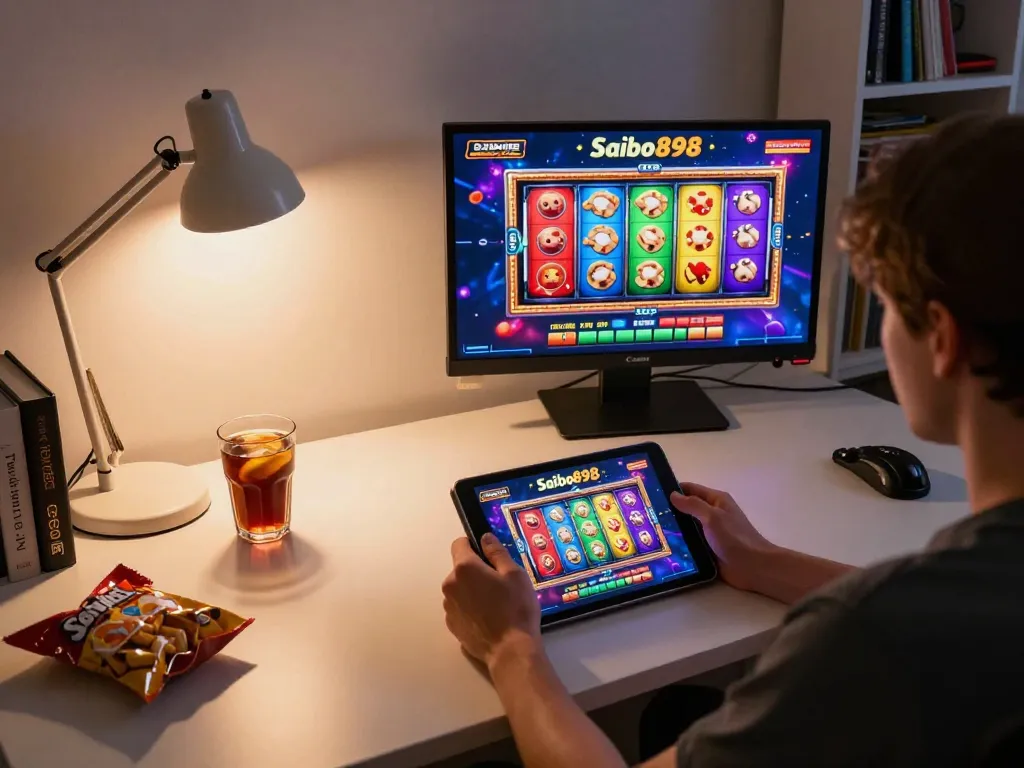 Engaged player enjoying slot games on Saibo898 tablet with vibrant graphics and cozy setup