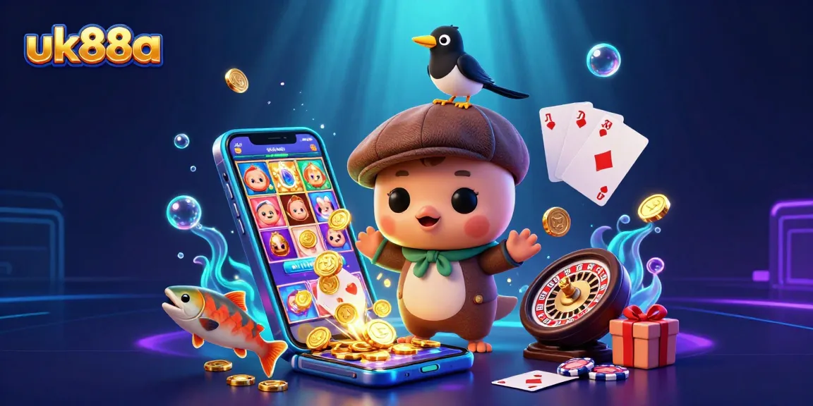 Experience the excitement of uk88a with a vibrant 3D illustration showcasing charming characters in a dynamic casino gaming scene.