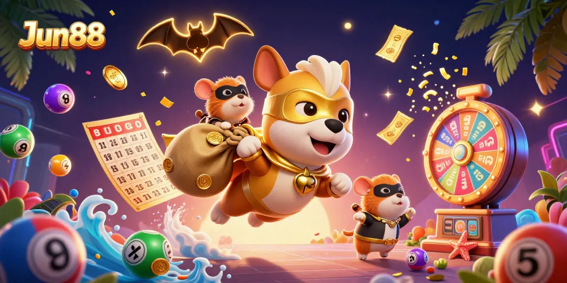 Experience the excitement of betting with Jun88's vibrant casino illustration featuring dynamic games and playful characters.