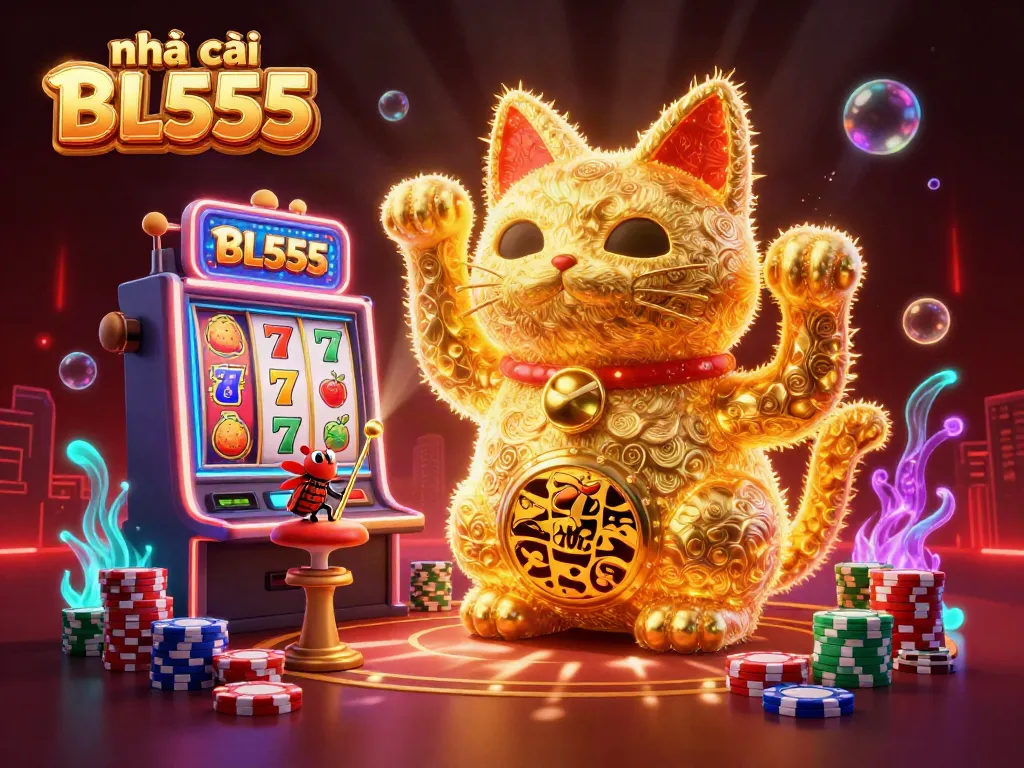 Experience the thrill of nhà cái BL555 with this vibrant 3D casino scene showcasing a giant lucky cat and a dynamic slot machine.