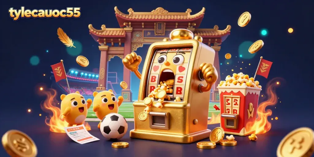 Experience the excitement of sports betting with tylecacuoc55 as a golden slot machine hits the jackpot amidst cheering companions and dramatic effects.