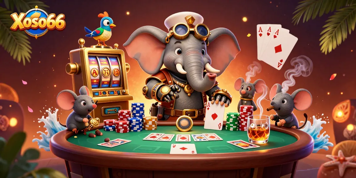 Experience thrilling gameplay at Xoso66 with a vibrant steampunk casino scene, featuring a golden slot machine and colorful poker chips.