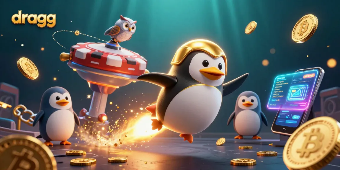 Experience the thrill of gambling with dragg's golden penguin racing towards a poker chip casino!