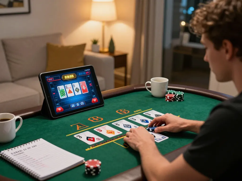 Luck8 dad engaging with a tablet at home, enjoying live dealer games in a cozy setting