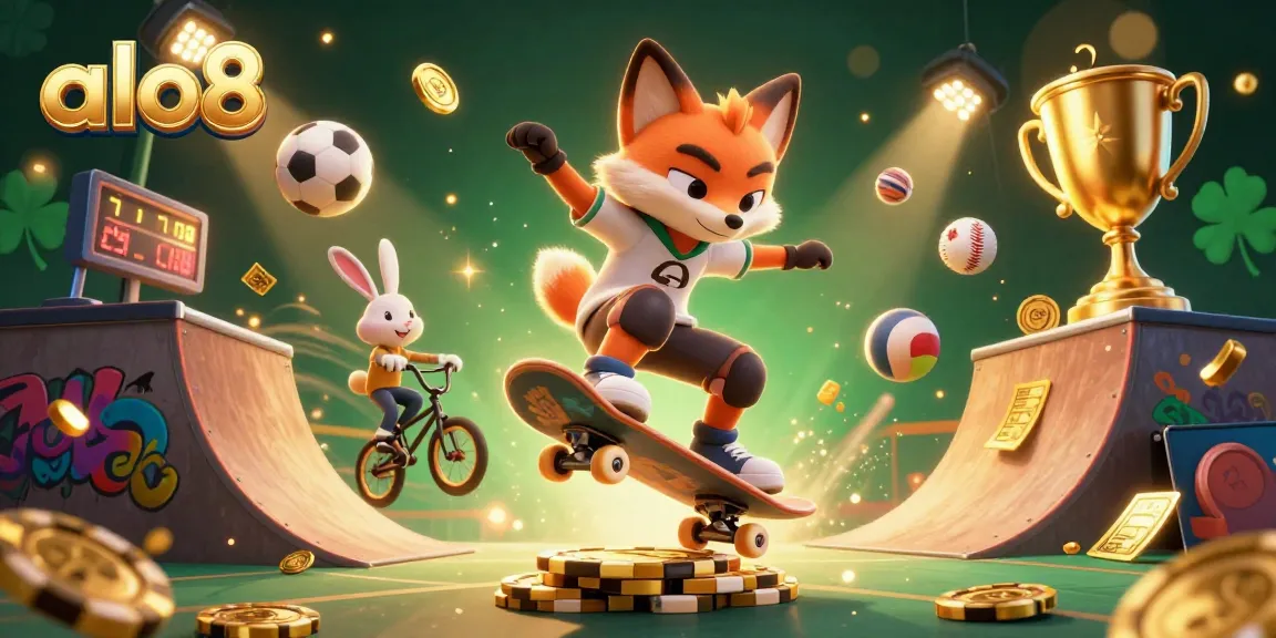 alo8 showcases a thrilling 3D illustration of a fox doing tricks above golden poker chips, surrounded by sports elements.