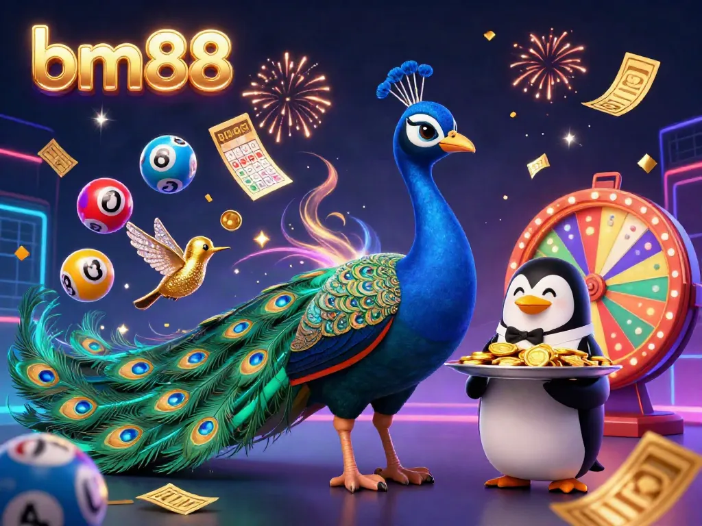 Experience the excitement of bm88 as a peacock, penguin, and hummingbird celebrate with vibrant casino elements.