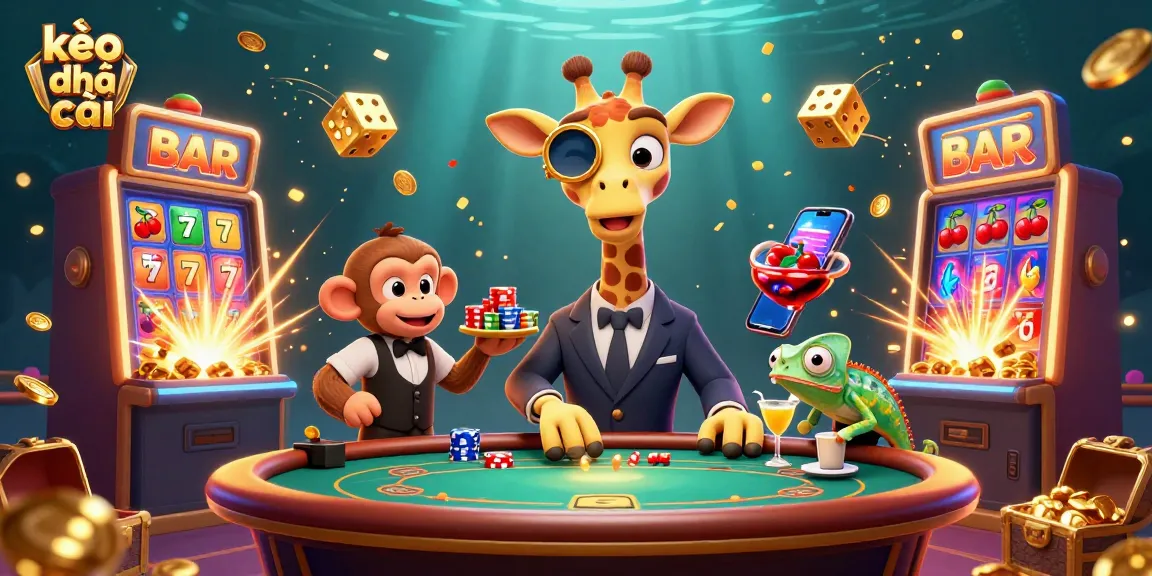 Experience thrilling betting at kèo nhà cái with colorful casino elements, high-roller characters, and dynamic gaming atmosphere.
