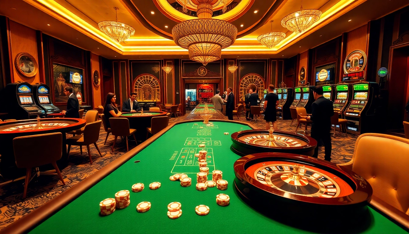 Hi88 players celebrating wins at luxurious casino tables with vibrant slot machines and roulette wheels.