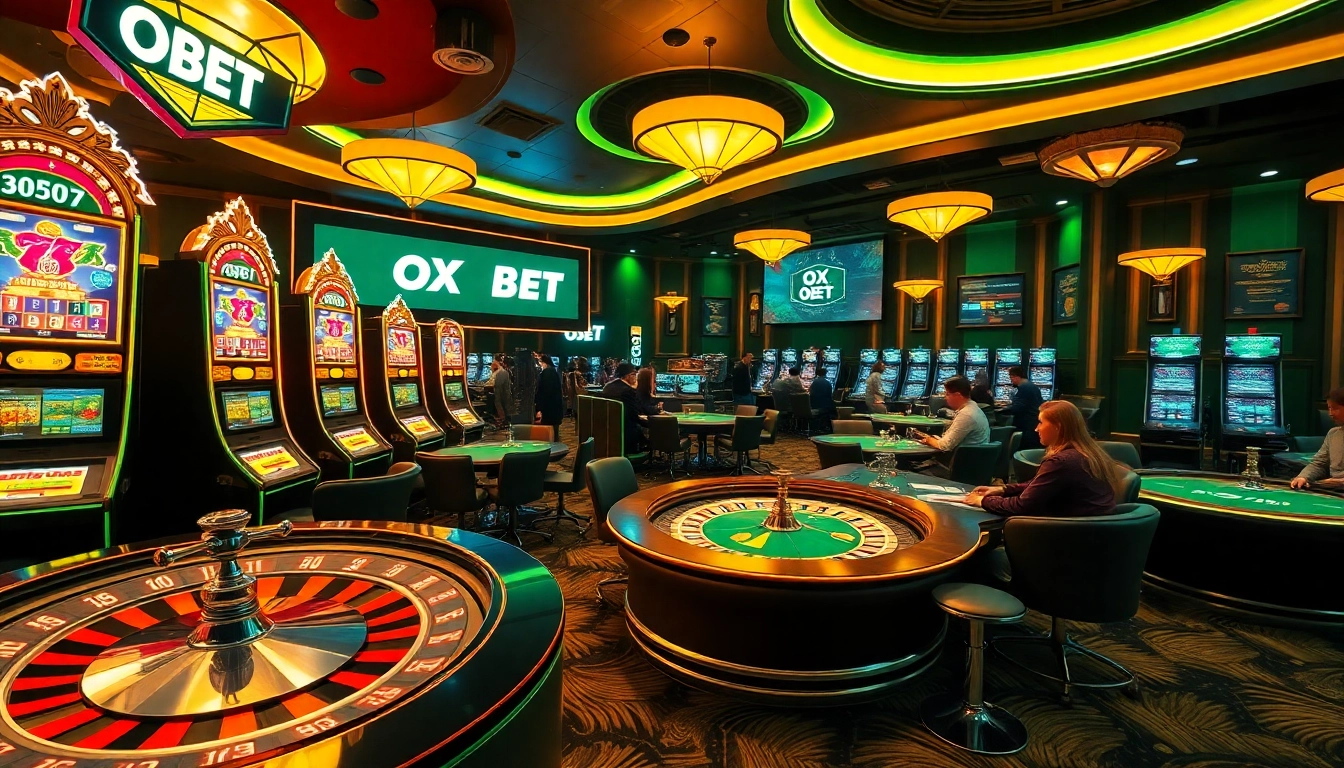Players engaging with OX BET branded casino tables and slot machines in a luxurious setting.