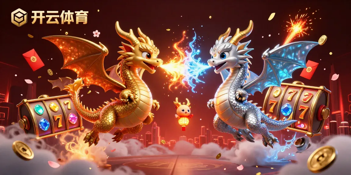 Engage with 开云体育 through animated dragons facing off, showcasing vibrant casino elements and lucky charms.