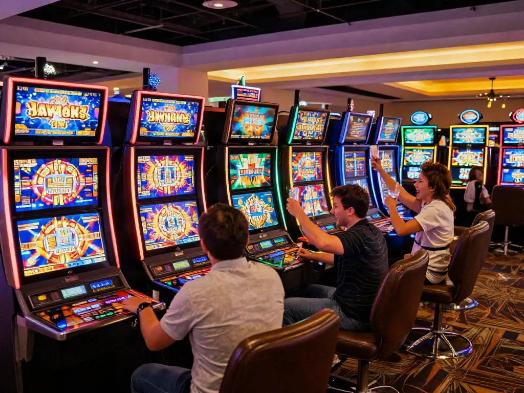 Players celebrating wins at lively slots that accept credit cards in a vibrant casino atmosphere.
