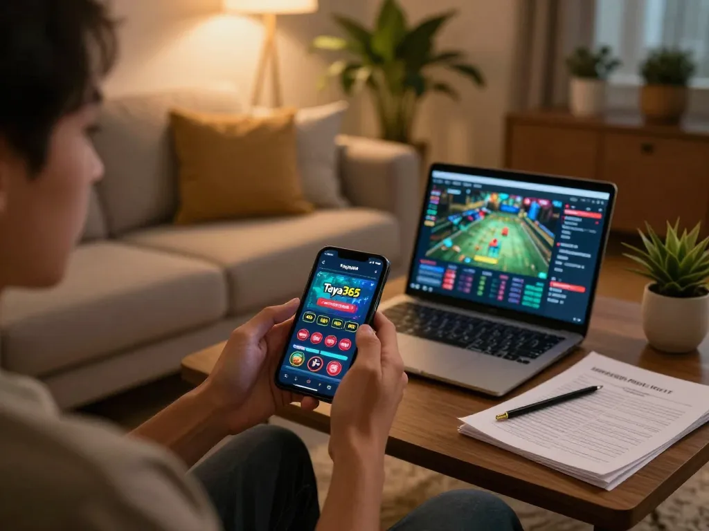 Engaging in online gaming at https://taya365.ink/, featuring Taya365 app on smartphone in a cozy home setting