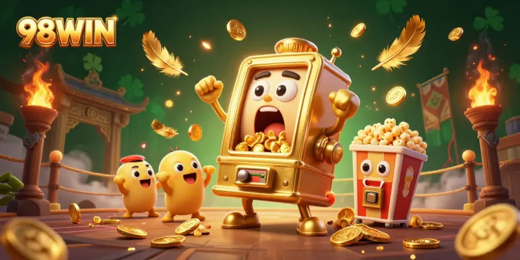 Experience the thrill of 98WIN with a vibrant scene featuring a golden slot machine in action, winning coins.