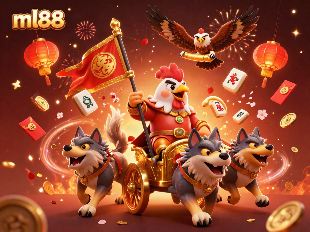 Experience the thrill of ml88 with a dynamic gaming scene featuring a rooster warlord, golden elements, and celebration effects.