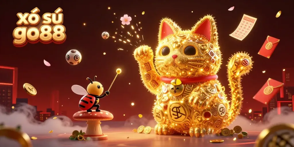 Experience the excitement of xổ số go88 with dazzling lottery elements and a waving lucky cat.